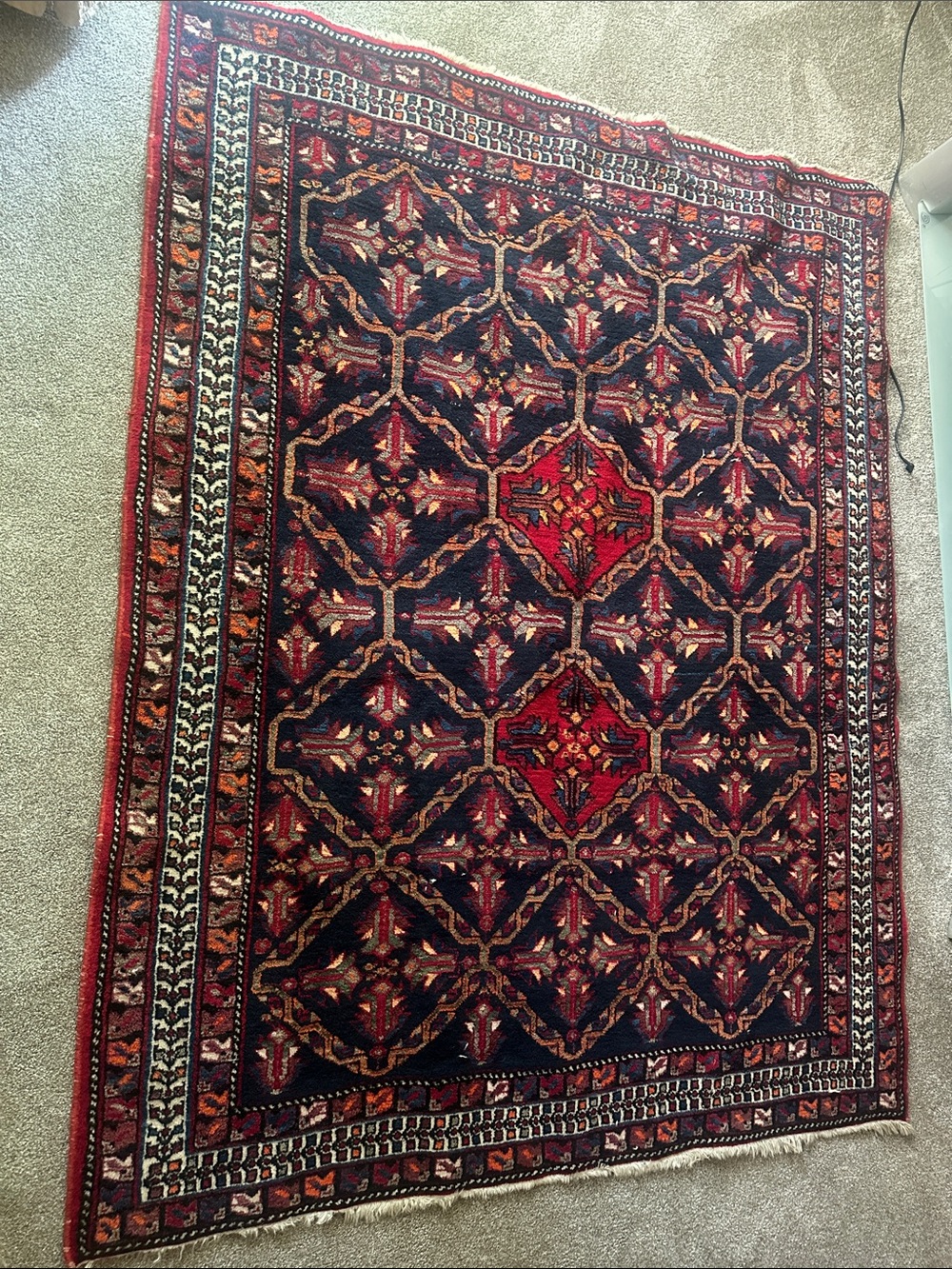 Hand Crafted Red & Navy Geometric Persian-Style Wall Rug